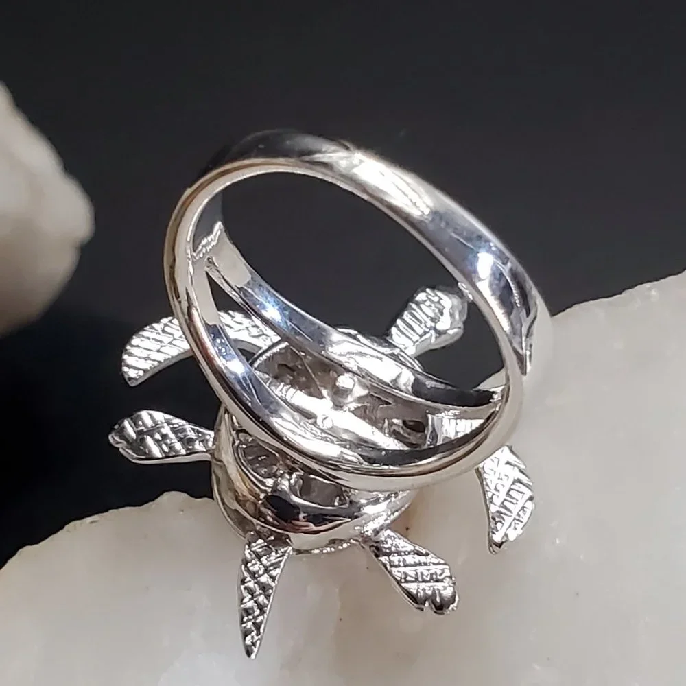 Solid Sterling Silver 925 Ring Opal Stone Turtle Animal Unique Jewelry